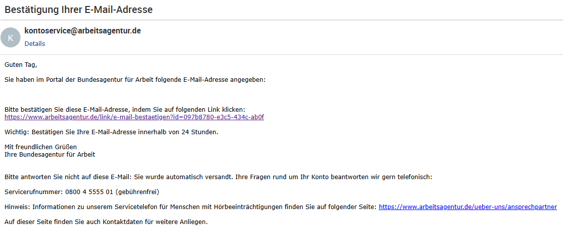 Beispiel-E-Mail mit Bestätigungslink.